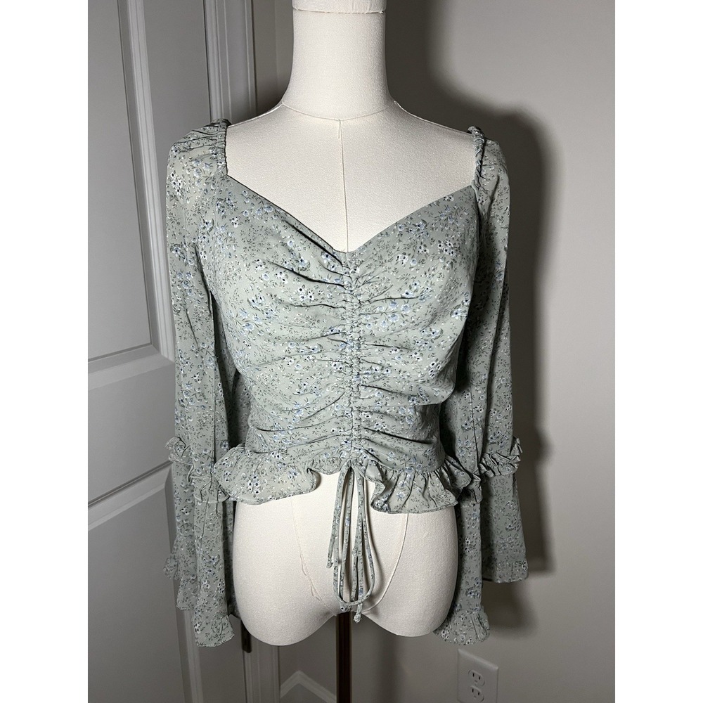 Altar'd State Sage Green Ruched Ruffle Long Sleeve Blouse Boho Cottagecore Med‎